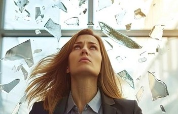 Woman breaking through glass ceiling - The Ceiling Breaker